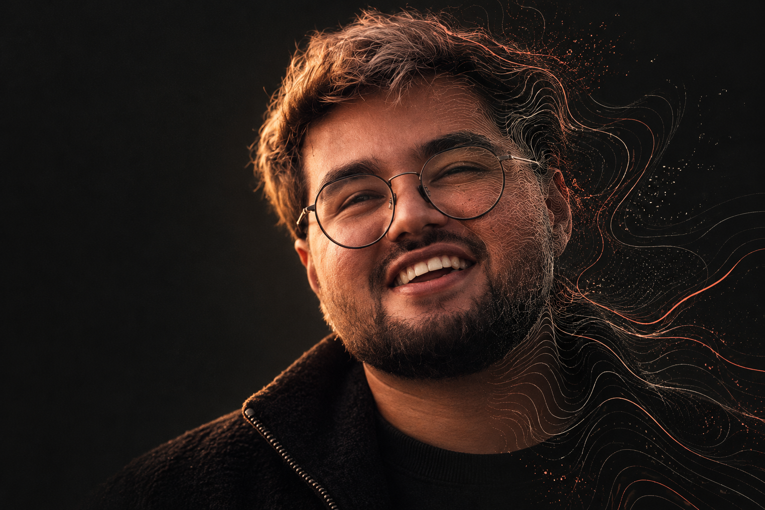 Cinematic portrait of Ayesh, blending photography with abstract facial contour lines